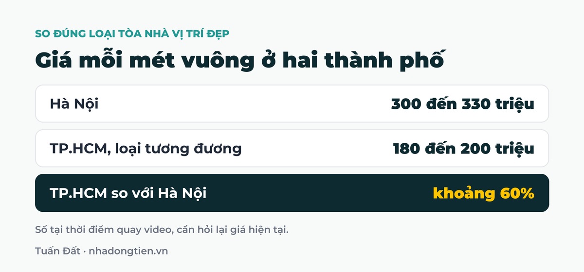 Bảng tóm tắt giá mỗi mét vuông ở hai thành phố: Hà Nội 300 đến 330 triệu; TP.HCM, loại tương đương 180 đến 200 triệu; TP.HCM so với Hà Nội khoảng 60%