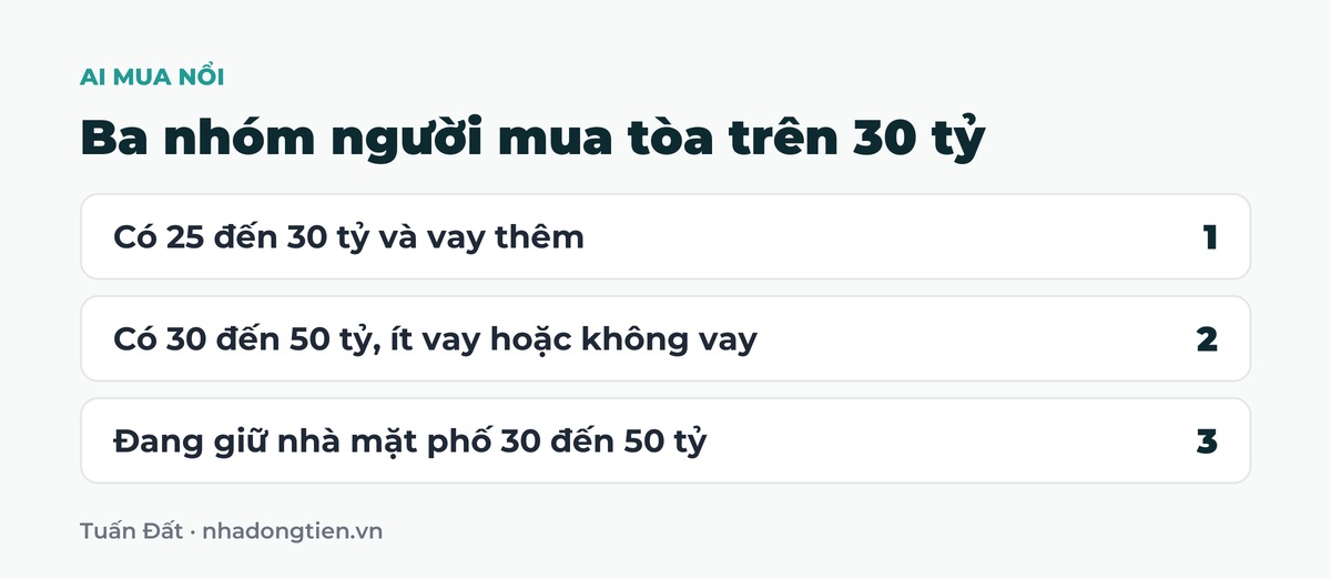 Bảng tóm tắt ba nhóm người mua tòa trên 30 tỷ: Có 25 đến 30 tỷ và vay thêm; Có 30 đến 50 tỷ, ít vay hoặc không vay; Đang giữ nhà mặt phố 30 đến 50 tỷ