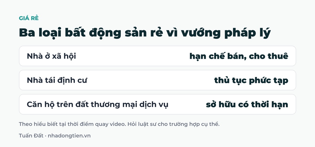 Bảng tóm tắt ba loại bất động sản rẻ vì vướng pháp lý: Nhà ở xã hội hạn chế bán, cho thuê; Nhà tái định cư thủ tục phức tạp; Căn hộ trên đất thương mại dịch vụ sở hữu có thời hạn