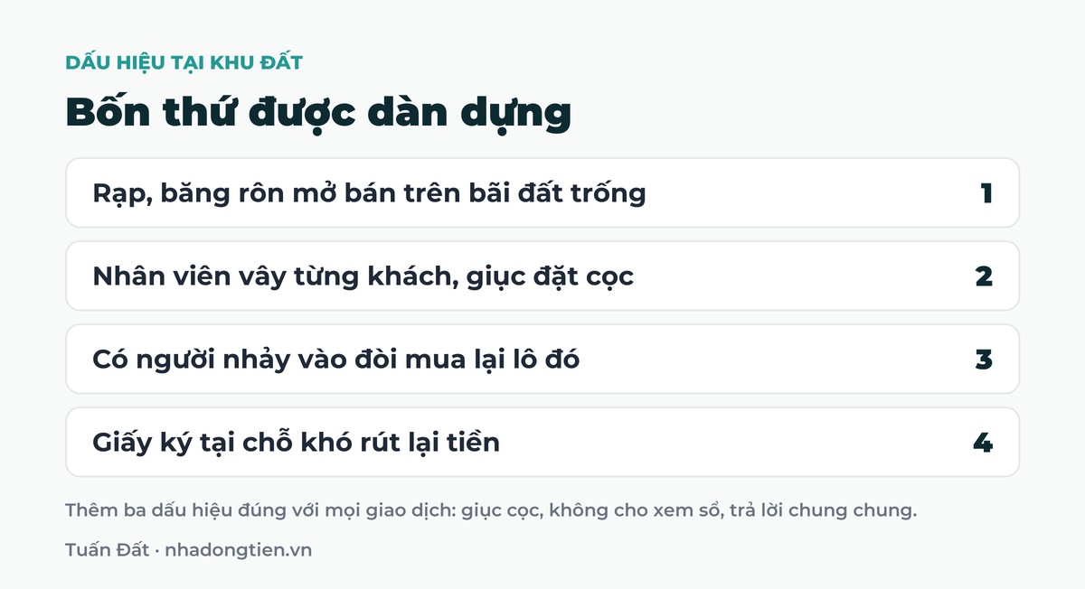 Bảng tóm tắt bốn thứ được dàn dựng: Rạp, băng rôn mở bán trên bãi đất trống; Nhân viên vây từng khách, giục đặt cọc; Có người nhảy vào đòi mua lại lô đó; Giấy ký tại chỗ khó rút lại tiền