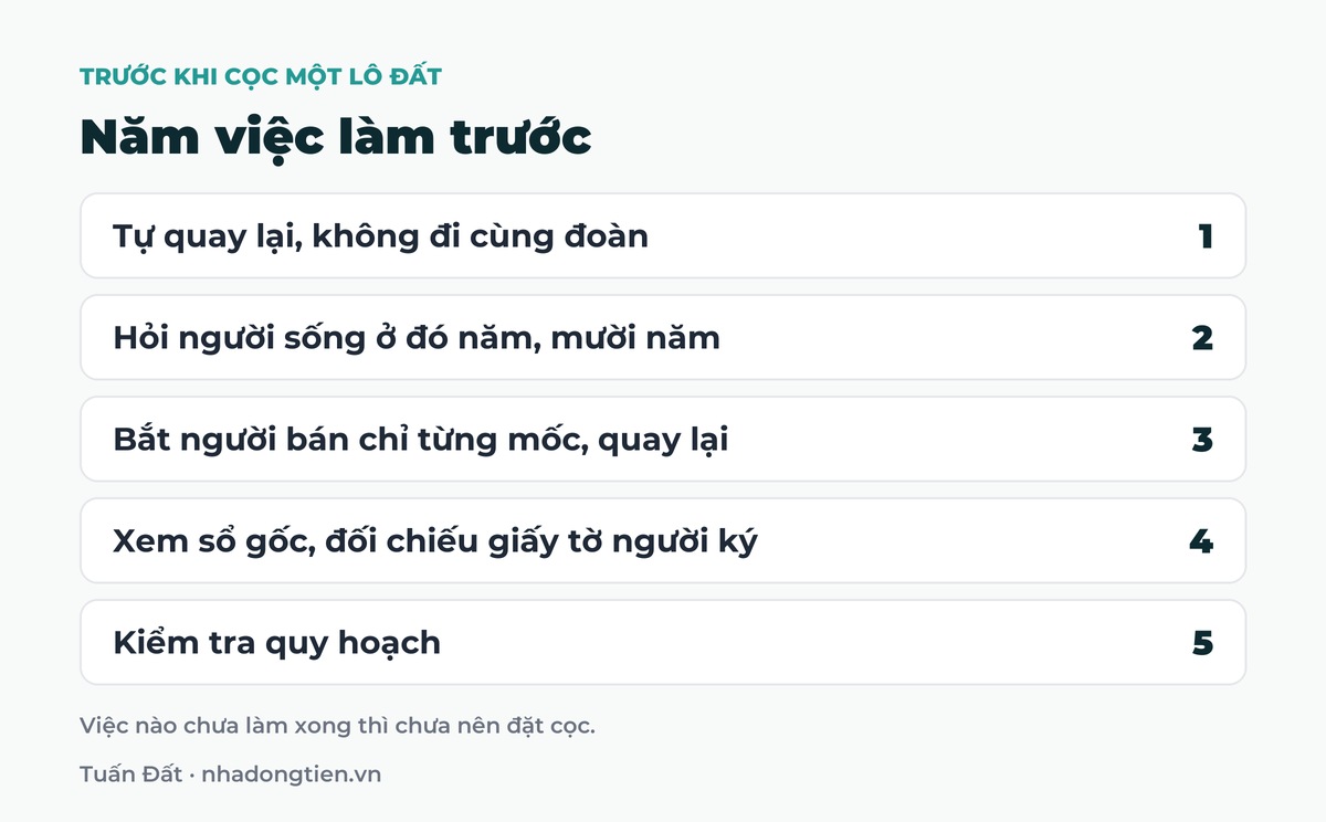 Bảng tóm tắt năm việc làm trước: Tự quay lại, không đi cùng đoàn; Hỏi người sống ở đó năm, mười năm; Bắt người bán chỉ từng mốc, quay lại; Xem sổ gốc, đối chiếu giấy tờ người ký; Kiểm tra quy hoạch
