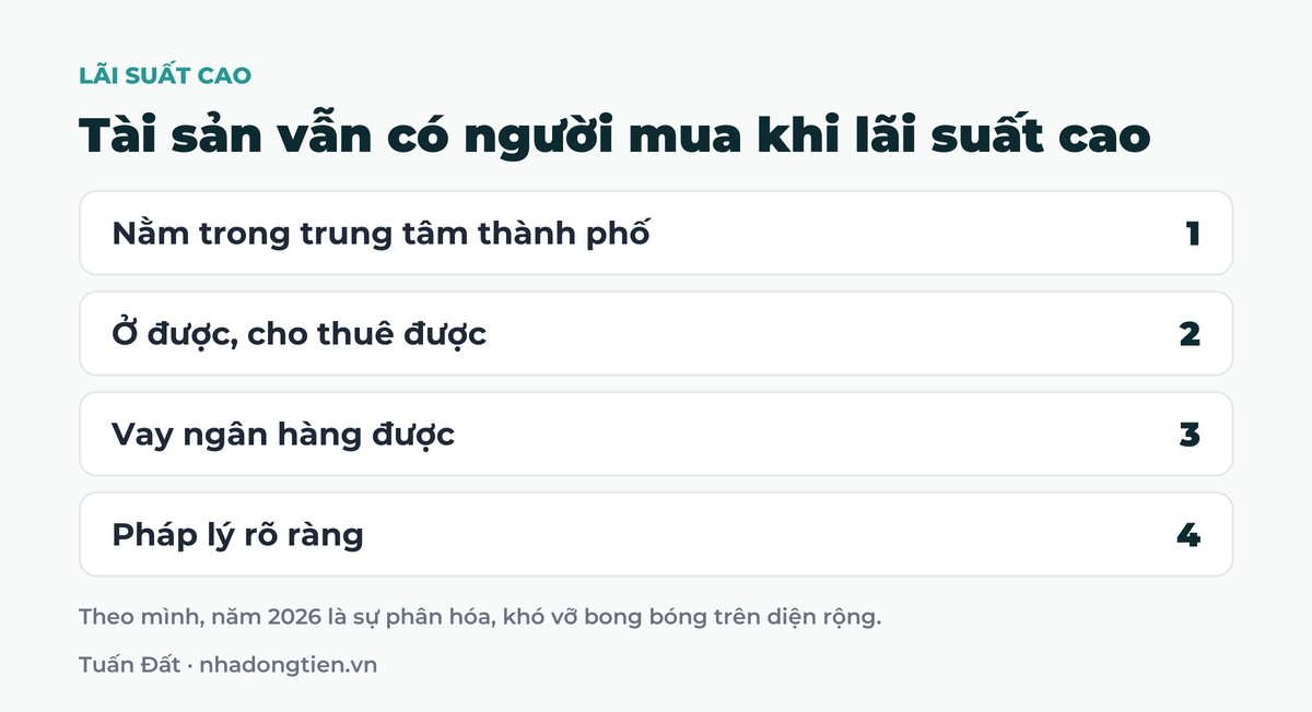 Bảng tóm tắt tài sản vẫn có người mua khi lãi suất cao: Nằm trong trung tâm thành phố; Ở được, cho thuê được; Vay ngân hàng được; Pháp lý rõ ràng
