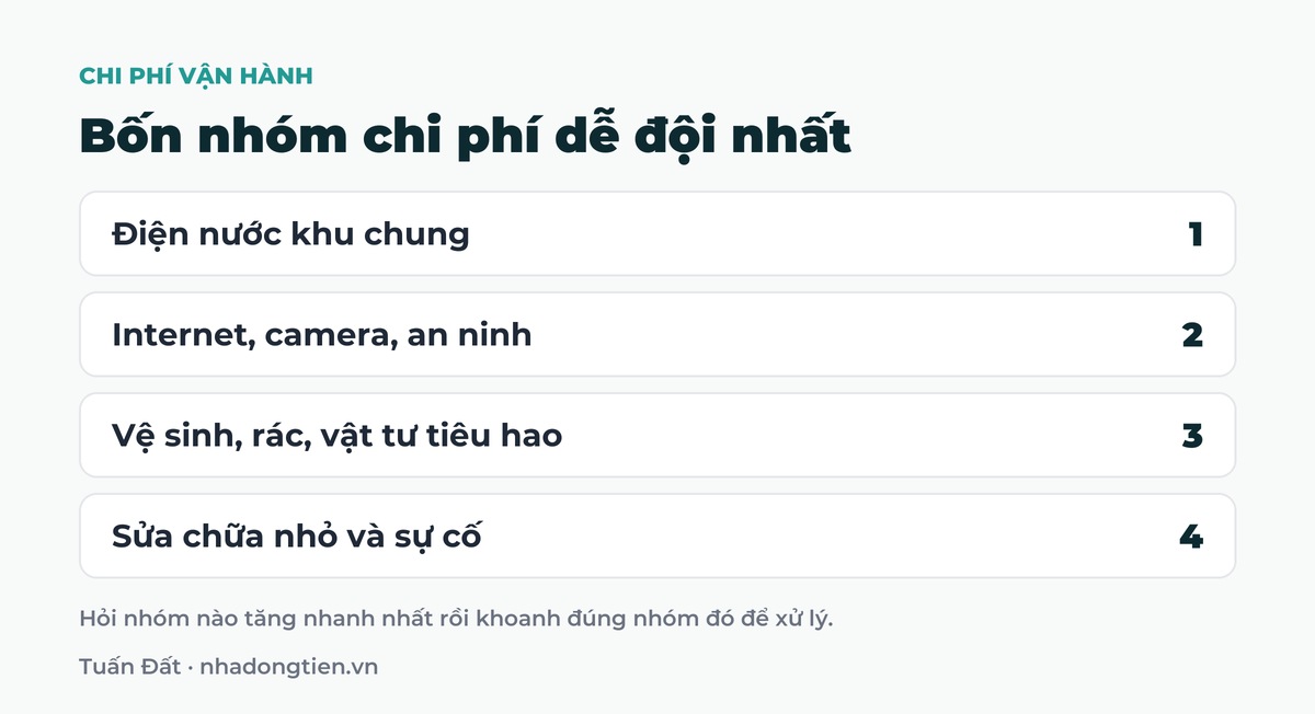 Bảng tóm tắt bốn nhóm chi phí dễ đội nhất: Điện nước khu chung; Internet, camera, an ninh; Vệ sinh, rác, vật tư tiêu hao; Sửa chữa nhỏ và sự cố
