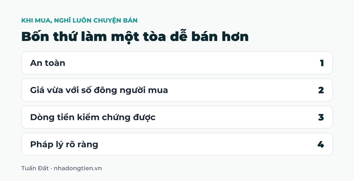 Bảng tóm tắt bốn thứ làm một tòa dễ bán hơn: An toàn; Giá vừa với số đông người mua; Dòng tiền kiểm chứng được; Pháp lý rõ ràng