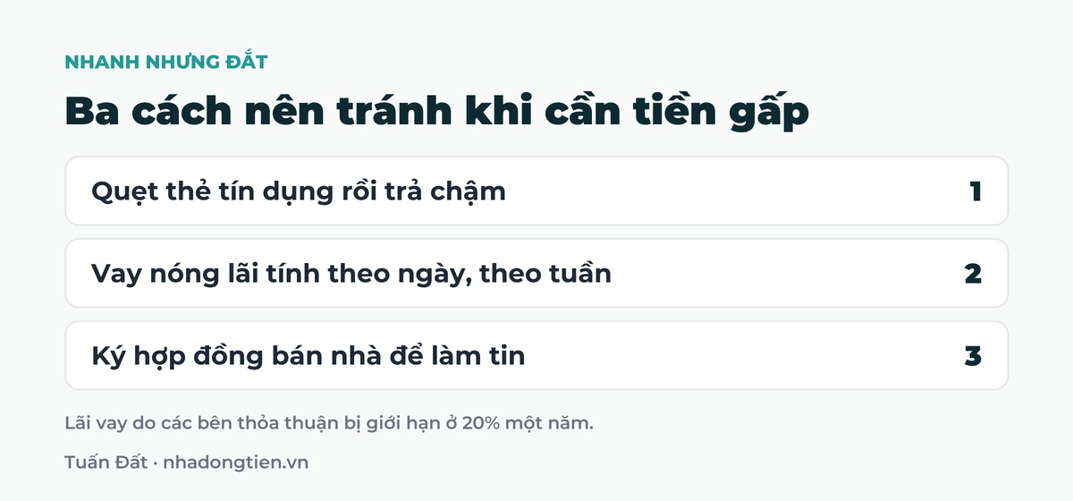 Bảng tóm tắt ba cách nên tránh khi cần tiền gấp: Quẹt thẻ tín dụng rồi trả chậm; Vay nóng lãi tính theo ngày, theo tuần; Ký hợp đồng bán nhà để làm tin