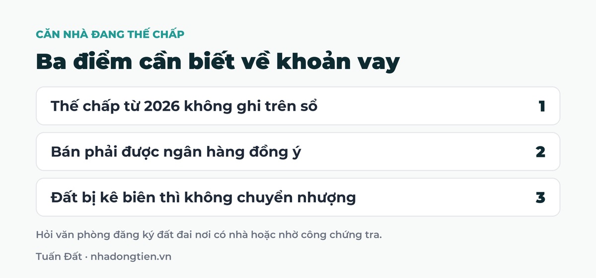 Bảng tóm tắt ba điểm cần biết về khoản vay: Thế chấp từ 2026 không ghi trên sổ; Bán phải được ngân hàng đồng ý; Đất bị kê biên thì không chuyển nhượng