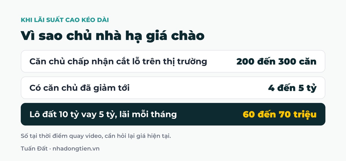 Bảng tóm tắt vì sao chủ nhà hạ giá chào: Căn chủ chấp nhận cắt lỗ trên thị trường 200 đến 300 căn; Có căn chủ đã giảm tới 4 đến 5 tỷ; Lô đất 10 tỷ vay 5 tỷ, lãi mỗi tháng 60 đến 70 triệu