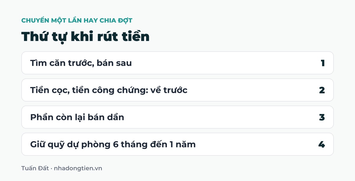 Bảng tóm tắt thứ tự khi rút tiền: Tìm căn trước, bán sau; Tiền cọc, tiền công chứng: về trước; Phần còn lại bán dần; Giữ quỹ dự phòng 6 tháng đến 1 năm