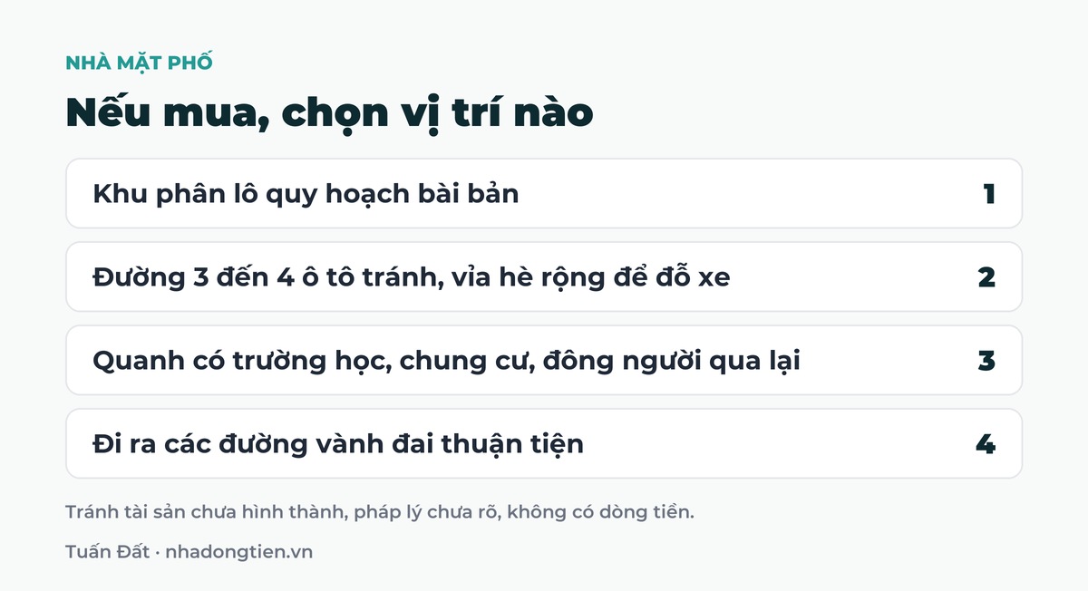 Bảng tóm tắt nếu mua, chọn vị trí nào: Khu phân lô quy hoạch bài bản; Đường 3 đến 4 ô tô tránh, vỉa hè rộng để đỗ xe; Quanh có trường học, chung cư, đông người qua lại; Đi ra các đường vành đai thuận tiện