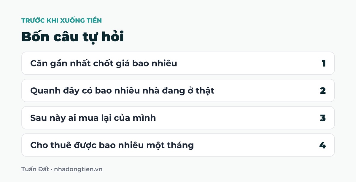 Bảng tóm tắt bốn câu tự hỏi: Căn gần nhất chốt giá bao nhiêu; Quanh đây có bao nhiêu nhà đang ở thật; Sau này ai mua lại của mình; Cho thuê được bao nhiêu một tháng