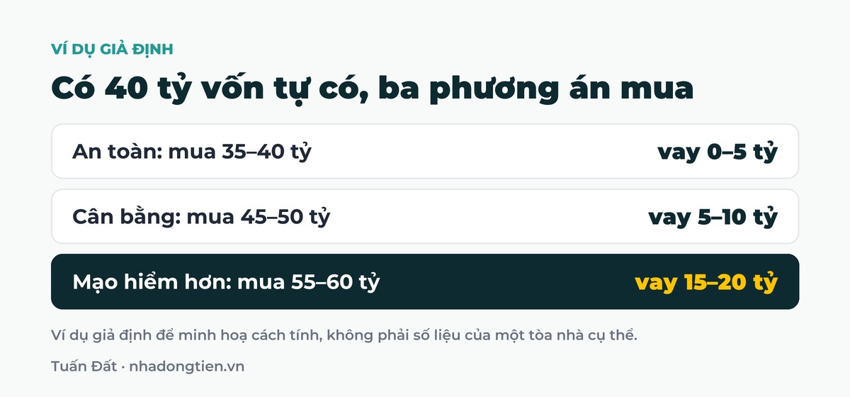 Bảng tóm tắt có 40 tỷ vốn tự có, ba phương án mua: An toàn: mua 35 đến 40 tỷ vay 0 đến 5 tỷ; Cân bằng: mua 45 đến 50 tỷ vay 5 đến 10 tỷ; Mạo hiểm hơn: mua 55 đến 60 tỷ vay 15 đến 20 tỷ