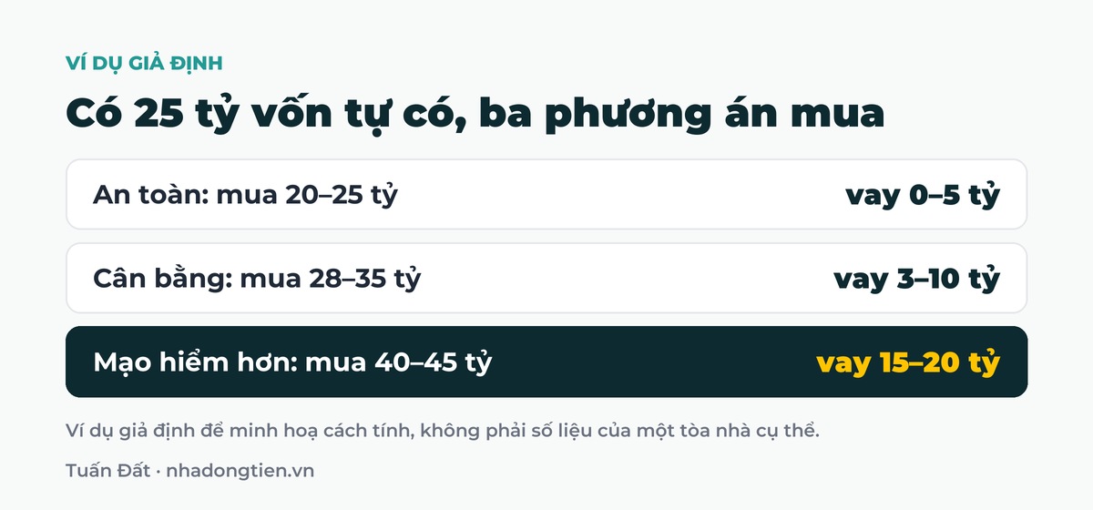 Bảng tóm tắt có 25 tỷ vốn tự có, ba phương án mua: An toàn: mua 20 đến 25 tỷ vay 0 đến 5 tỷ; Cân bằng: mua 28 đến 35 tỷ vay 3 đến 10 tỷ; Mạo hiểm hơn: mua 40 đến 45 tỷ vay 15 đến 20 tỷ