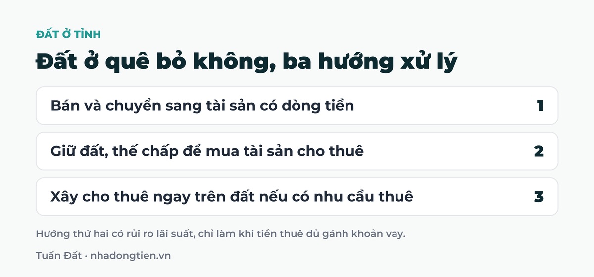 Bảng tóm tắt đất ở quê bỏ không, ba hướng xử lý: Bán và chuyển sang tài sản có dòng tiền; Giữ đất, thế chấp để mua tài sản cho thuê; Xây cho thuê ngay trên đất nếu có nhu cầu thuê