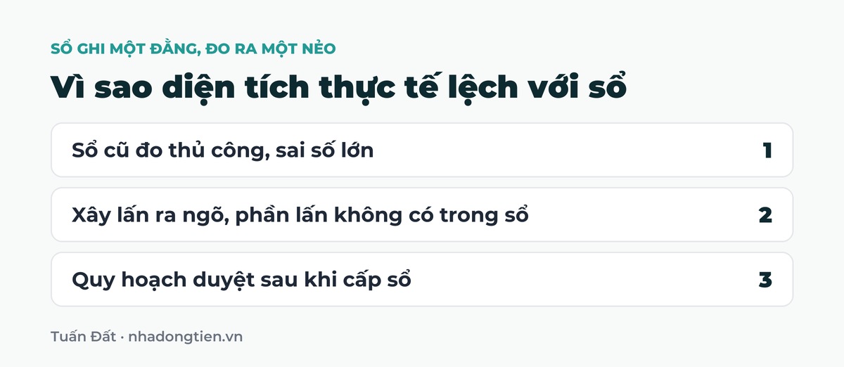Bảng tóm tắt vì sao diện tích thực tế lệch với sổ: Sổ cũ đo thủ công, sai số lớn; Xây lấn ra ngõ, phần lấn không có trong sổ; Quy hoạch duyệt sau khi cấp sổ