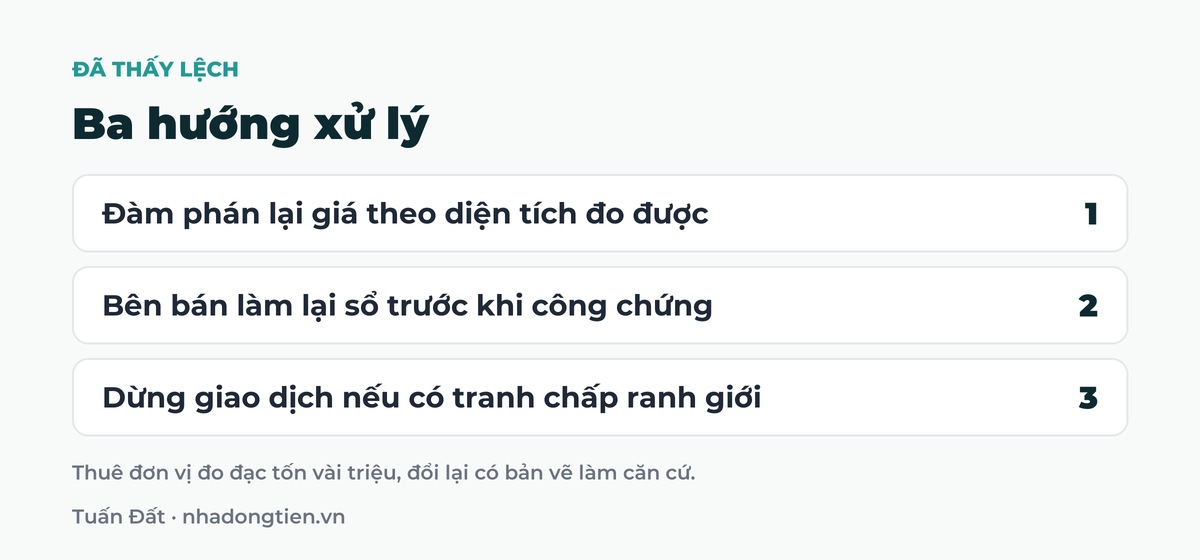 Bảng tóm tắt ba hướng xử lý: Đàm phán lại giá theo diện tích đo được; Bên bán làm lại sổ trước khi công chứng; Dừng giao dịch nếu có tranh chấp ranh giới