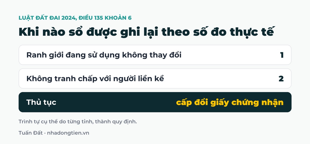 Bảng tóm tắt khi nào sổ được ghi lại theo số đo thực tế: Ranh giới đang sử dụng không thay đổi; Không tranh chấp với người liền kề; Thủ tục cấp đổi giấy chứng nhận