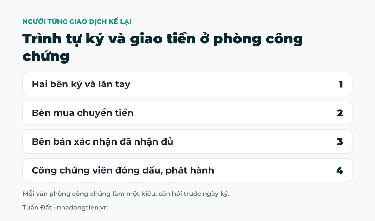 Bảng tóm tắt trình tự ký và giao tiền ở phòng công chứng: Hai bên ký và lăn tay; Bên mua chuyển tiền; Bên bán xác nhận đã nhận đủ; Công chứng viên đóng dấu, phát hành
