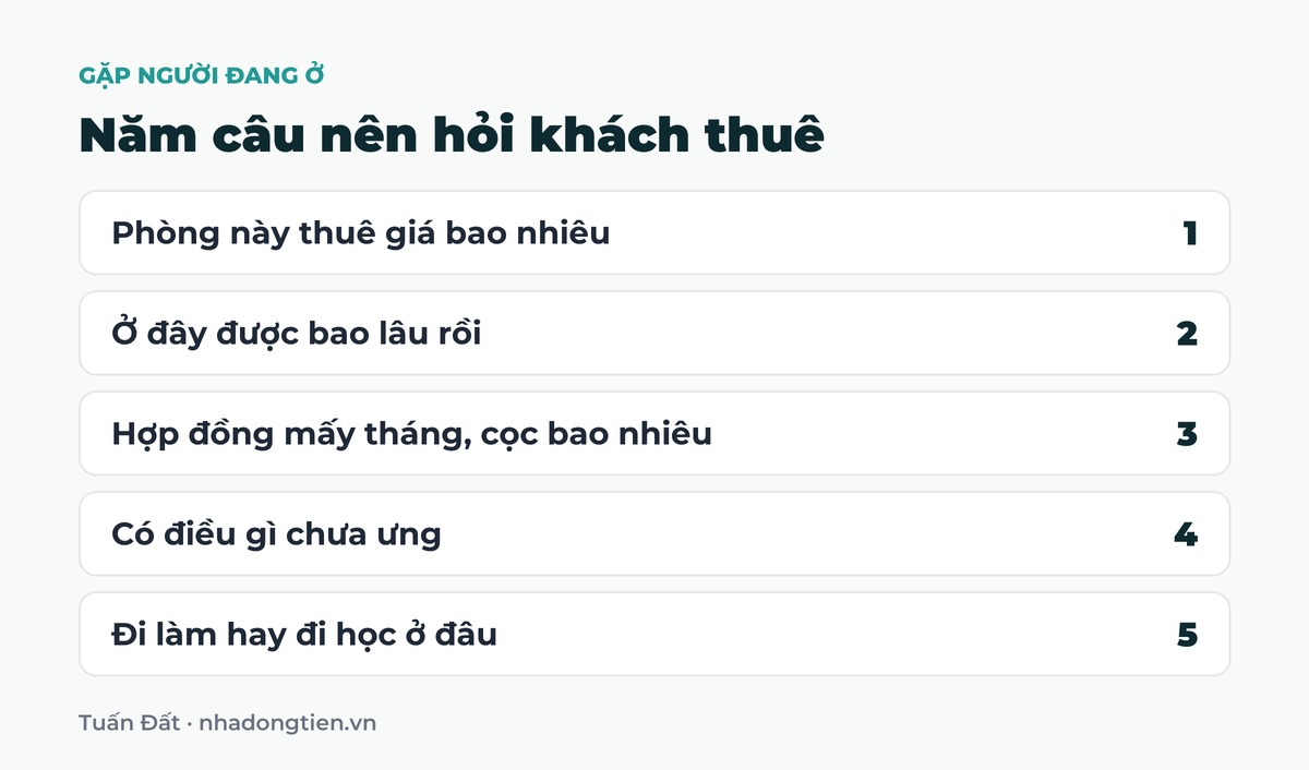 Bảng tóm tắt năm câu nên hỏi khách thuê: Phòng này thuê giá bao nhiêu; Ở đây được bao lâu rồi; Hợp đồng mấy tháng, cọc bao nhiêu; Có điều gì chưa ưng; Đi làm hay đi học ở đâu