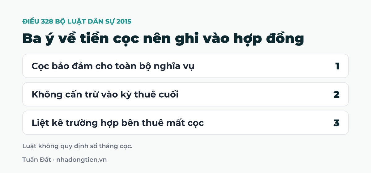 Bảng tóm tắt ba ý về tiền cọc nên ghi vào hợp đồng: Cọc bảo đảm cho toàn bộ nghĩa vụ; Không cấn trừ vào kỳ thuê cuối; Liệt kê trường hợp bên thuê mất cọc
