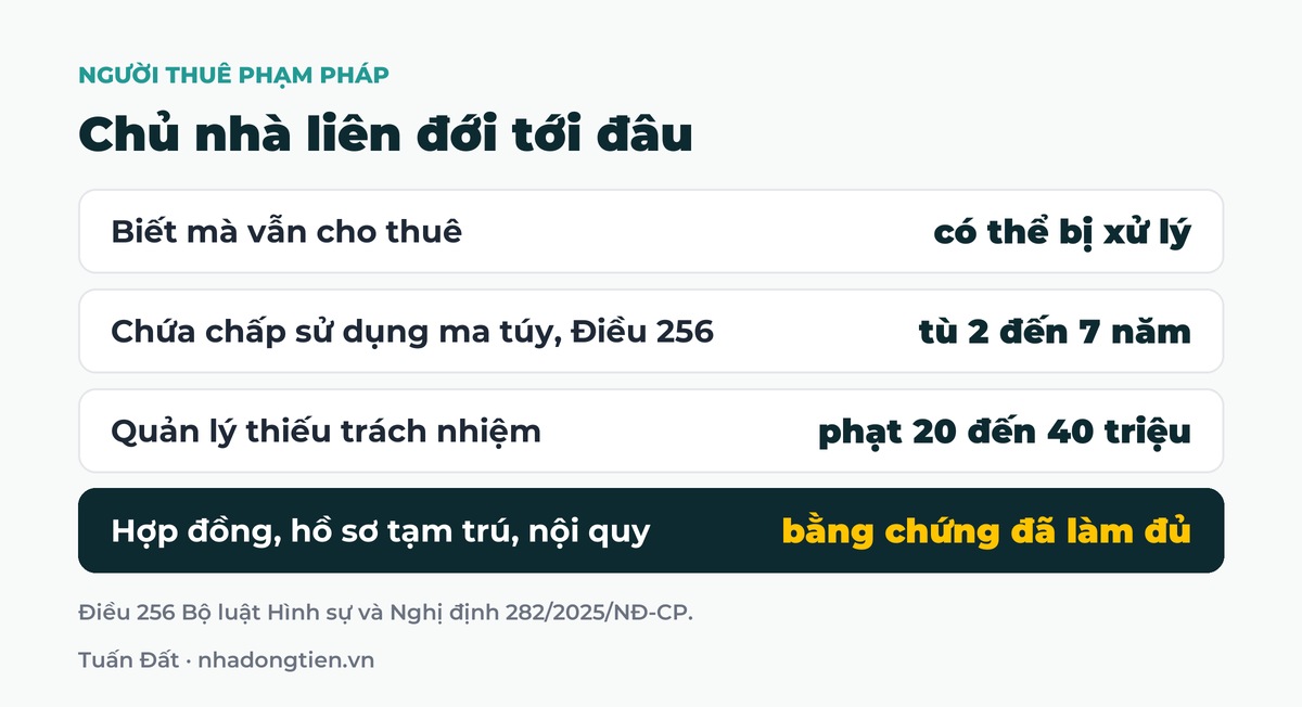 Bảng tóm tắt chủ nhà liên đới tới đâu: Biết mà vẫn cho thuê có thể bị xử lý; Chứa chấp sử dụng ma túy, Điều 256 tù 2 đến 7 năm; Quản lý thiếu trách nhiệm phạt 20 đến 40 triệu; Hợp đồng, hồ sơ tạm trú, nội quy bằng chứng đã làm đủ
