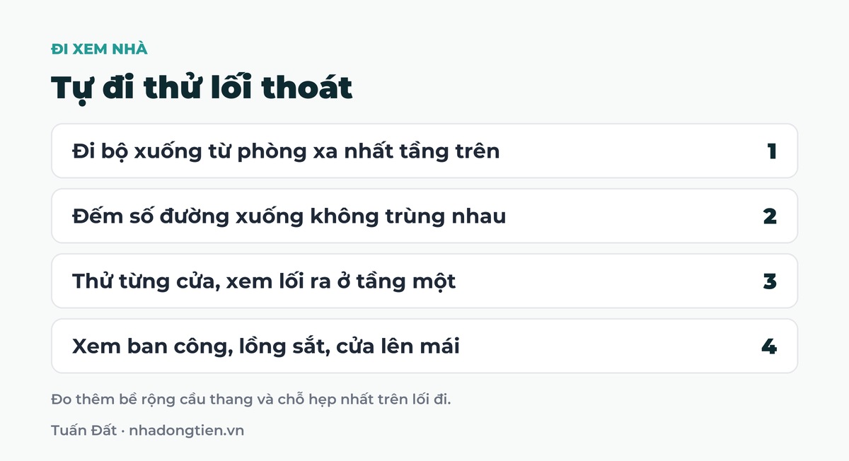 Bảng tóm tắt tự đi thử lối thoát: Đi bộ xuống từ phòng xa nhất tầng trên; Đếm số đường xuống không trùng nhau; Thử từng cửa, xem lối ra ở tầng một; Xem ban công, lồng sắt, cửa lên mái