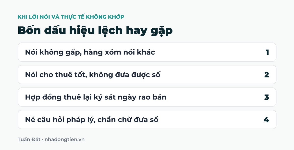 Bảng tóm tắt bốn dấu hiệu lệch hay gặp: Nói không gấp, hàng xóm nói khác; Nói cho thuê tốt, không đưa được số; Hợp đồng thuê lại ký sát ngày rao bán; Né câu hỏi pháp lý, chần chừ đưa sổ