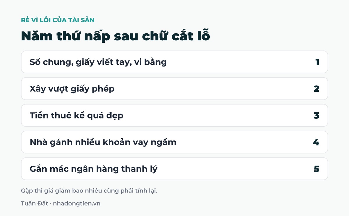 Bảng tóm tắt năm thứ nấp sau chữ cắt lỗ: Sổ chung, giấy viết tay, vi bằng; Xây vượt giấy phép; Tiền thuê kể quá đẹp; Nhà gánh nhiều khoản vay ngầm; Gắn mác ngân hàng thanh lý
