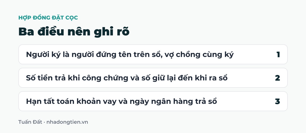 Bảng tóm tắt ba điều nên ghi rõ: Người ký là người đứng tên trên sổ, vợ chồng cùng ký; Số tiền trả khi công chứng và số giữ lại đến khi ra sổ; Hạn tất toán khoản vay và ngày ngân hàng trả sổ