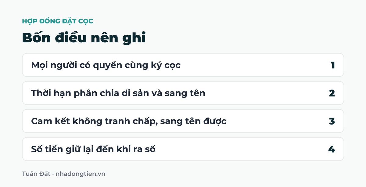Bảng tóm tắt bốn điều nên ghi: Mọi người có quyền cùng ký cọc; Thời hạn phân chia di sản và sang tên; Cam kết không tranh chấp, sang tên được; Số tiền giữ lại đến khi ra sổ