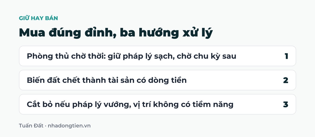 Bảng tóm tắt mua đúng đỉnh, ba hướng xử lý: Phòng thủ chờ thời: giữ pháp lý sạch, chờ chu kỳ sau; Biến đất chết thành tài sản có dòng tiền; Cắt bỏ nếu pháp lý vướng, vị trí không có tiềm năng