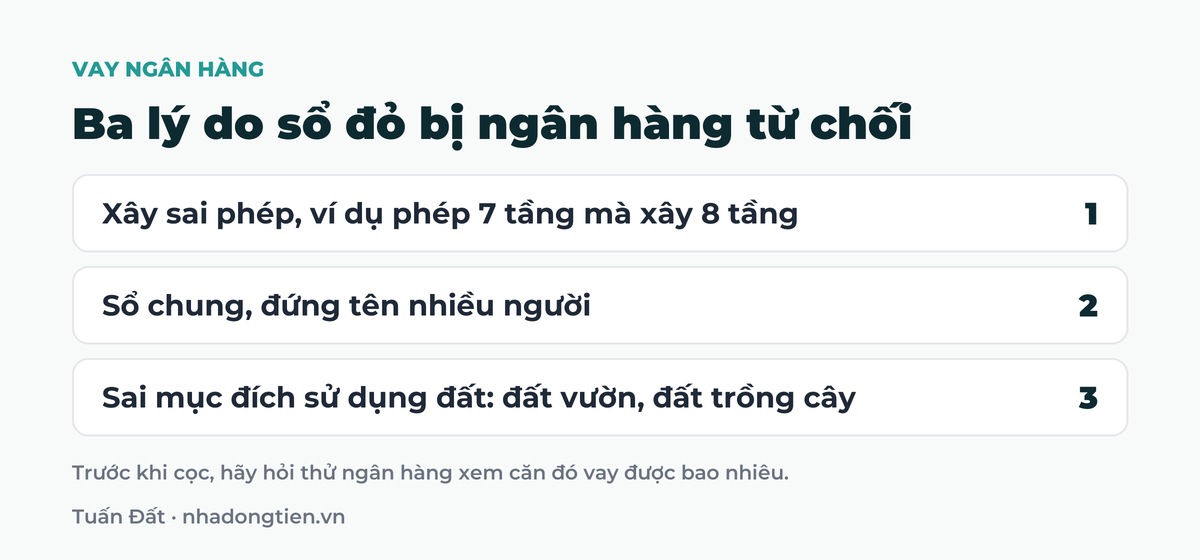 Bảng tóm tắt ba lý do sổ đỏ bị ngân hàng từ chối: Xây sai phép, ví dụ phép 7 tầng mà xây 8 tầng; Sổ chung, đứng tên nhiều người; Sai mục đích sử dụng đất: đất vườn, đất trồng cây