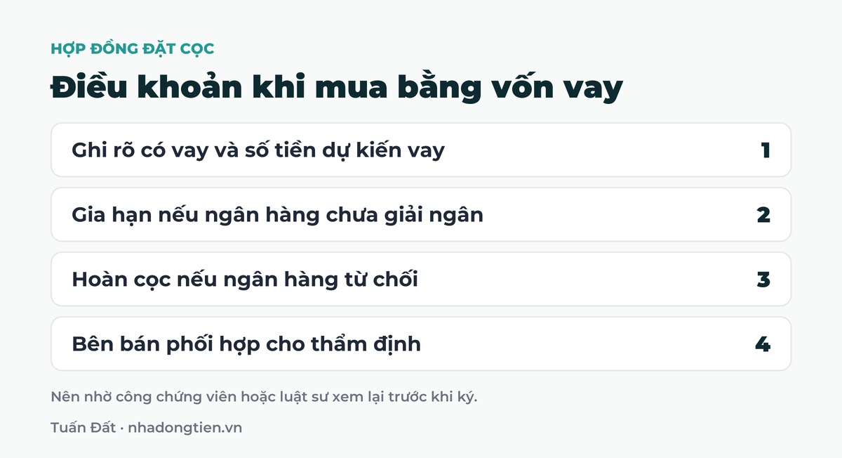 Bảng tóm tắt điều khoản khi mua bằng vốn vay: Ghi rõ có vay và số tiền dự kiến vay; Gia hạn nếu ngân hàng chưa giải ngân; Hoàn cọc nếu ngân hàng từ chối; Bên bán phối hợp cho thẩm định