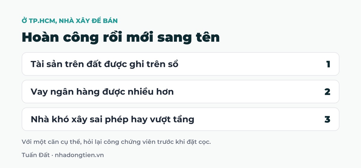 Bảng tóm tắt hoàn công rồi mới sang tên: Tài sản trên đất được ghi trên sổ; Vay ngân hàng được nhiều hơn; Nhà khó xây sai phép hay vượt tầng
