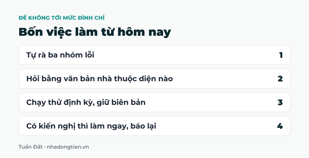 Bảng tóm tắt bốn việc làm từ hôm nay: Tự rà ba nhóm lỗi; Hỏi bằng văn bản nhà thuộc diện nào; Chạy thử định kỳ, giữ biên bản; Có kiến nghị thì làm ngay, báo lại