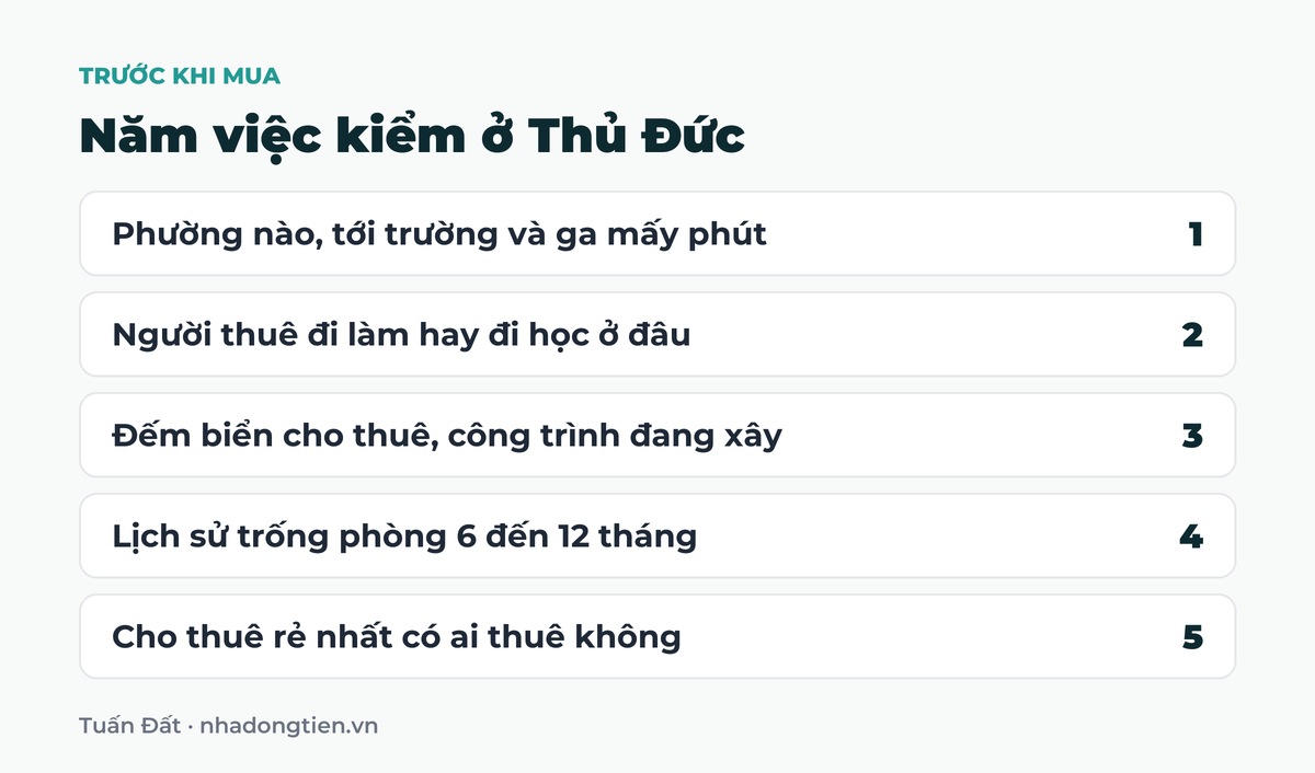 Bảng tóm tắt năm việc kiểm ở Thủ Đức: Phường nào, tới trường và ga mấy phút; Người thuê đi làm hay đi học ở đâu; Đếm biển cho thuê, công trình đang xây; Lịch sử trống phòng 6 đến 12 tháng; Cho thuê rẻ nhất có ai thuê không