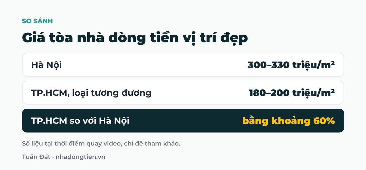Bảng tóm tắt giá tòa nhà dòng tiền vị trí đẹp: Hà Nội 300–330 triệu/m²; TP.HCM, loại tương đương 180–200 triệu/m²; TP.HCM so với Hà Nội bằng khoảng 60%
