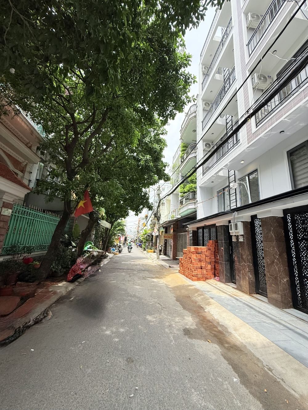 Con hẻm rộng rợp bóng cây, một bên là dãy nhà nhiều tầng có ban công, phía xa có xe máy đang chạy