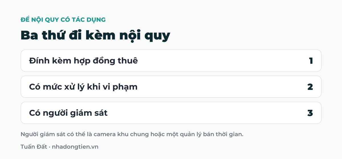 Bảng tóm tắt ba thứ đi kèm nội quy: Đính kèm hợp đồng thuê; Có mức xử lý khi vi phạm; Có người giám sát