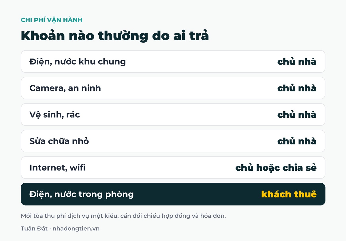 Bảng tóm tắt khoản nào thường do ai trả: Điện, nước khu chung chủ nhà; Camera, an ninh chủ nhà; Vệ sinh, rác chủ nhà; Sửa chữa nhỏ chủ nhà; Internet, wifi chủ hoặc chia sẻ; Điện, nước trong phòng khách thuê