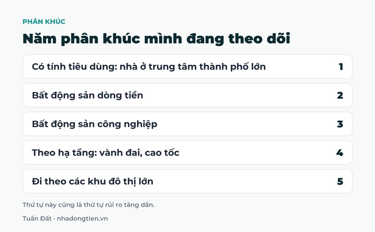 Bảng tóm tắt năm phân khúc mình đang theo dõi: Có tính tiêu dùng: nhà ở trung tâm thành phố lớn; Bất động sản dòng tiền; Bất động sản công nghiệp; Theo hạ tầng: vành đai, cao tốc; Đi theo các khu đô thị lớn
