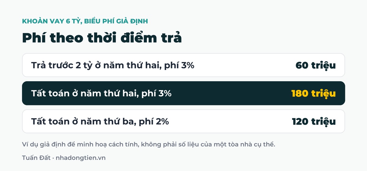 Bảng tóm tắt phí theo thời điểm trả: Trả trước 2 tỷ ở năm thứ hai, phí 3% 60 triệu; Tất toán ở năm thứ hai, phí 3% 180 triệu; Tất toán ở năm thứ ba, phí 2% 120 triệu