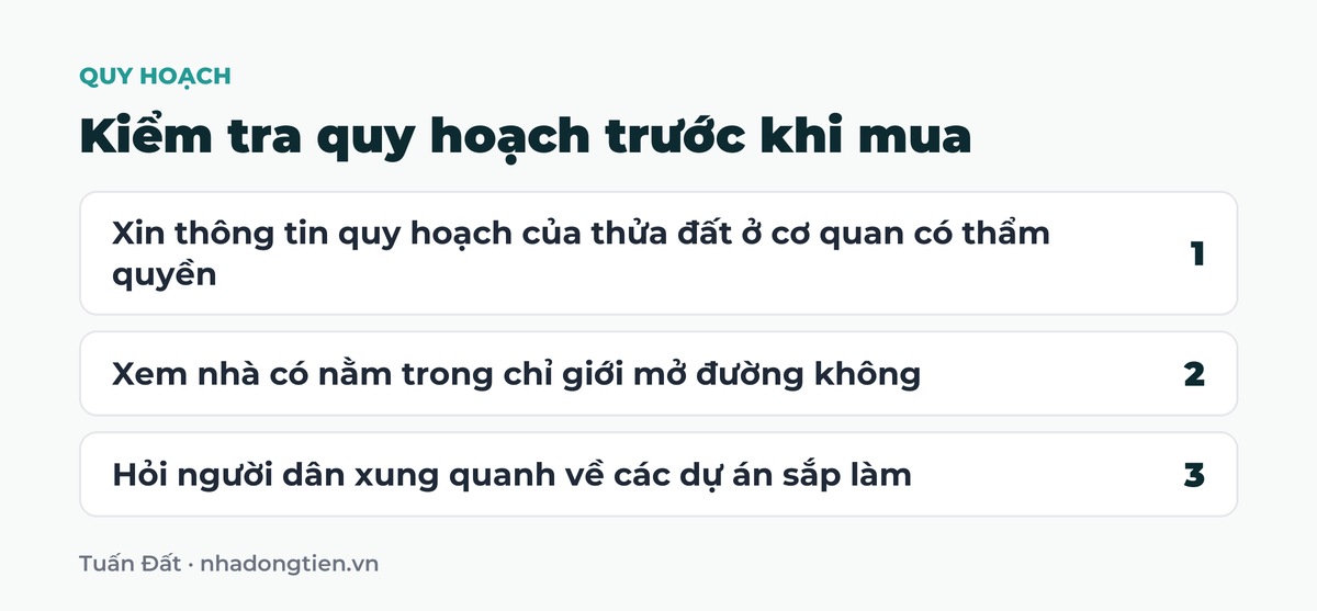 Bảng tóm tắt kiểm tra quy hoạch trước khi mua: Xin thông tin quy hoạch của thửa đất ở cơ quan có thẩm quyền; Xem nhà có nằm trong chỉ giới mở đường không; Hỏi người dân xung quanh về các dự án sắp làm
