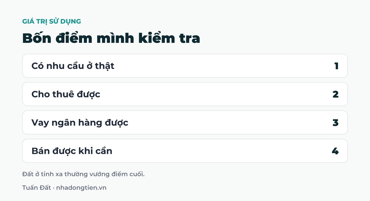 Bảng tóm tắt bốn điểm mình kiểm tra: Có nhu cầu ở thật; Cho thuê được; Vay ngân hàng được; Bán được khi cần