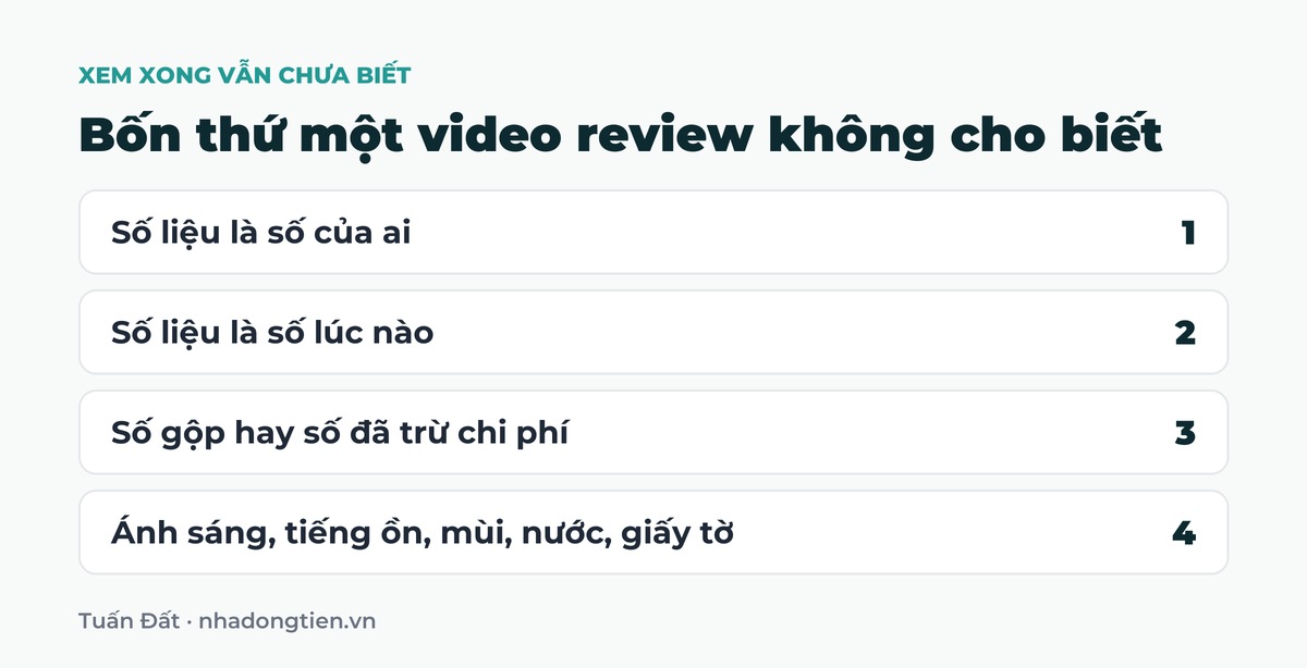Bảng tóm tắt bốn thứ một video review không cho biết: Số liệu là số của ai; Số liệu là số lúc nào; Số gộp hay số đã trừ chi phí; Ánh sáng, tiếng ồn, mùi, nước, giấy tờ