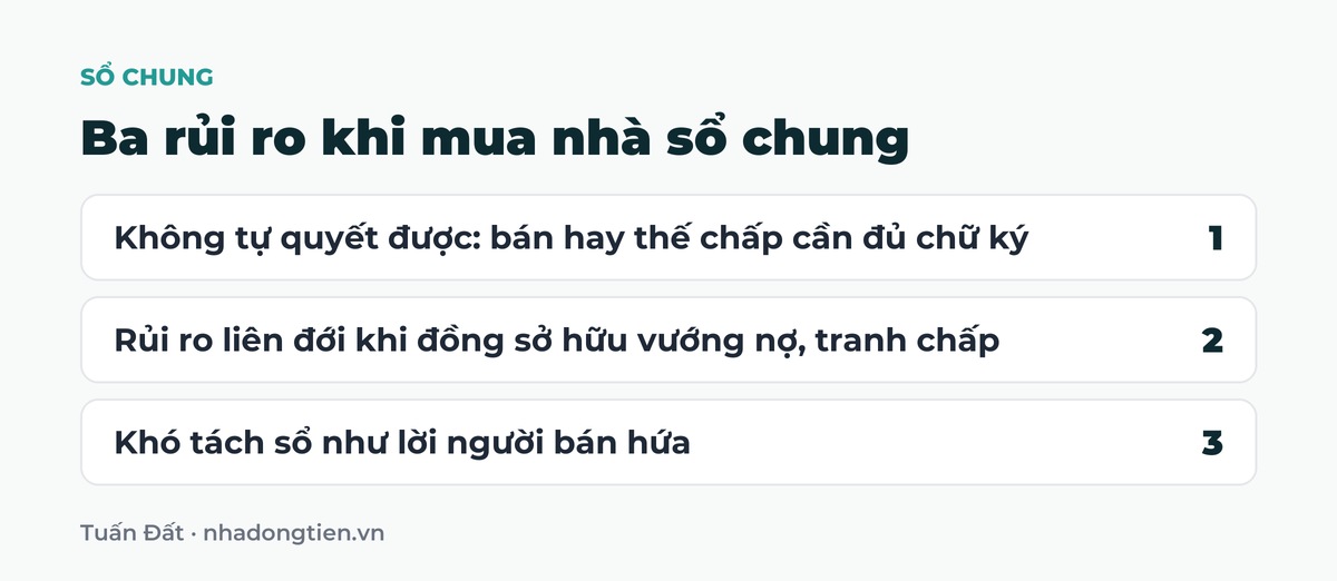 Bảng tóm tắt ba rủi ro khi mua nhà sổ chung: Không tự quyết được: bán hay thế chấp cần đủ chữ ký; Rủi ro liên đới khi đồng sở hữu vướng nợ, tranh chấp; Khó tách sổ như lời người bán hứa
