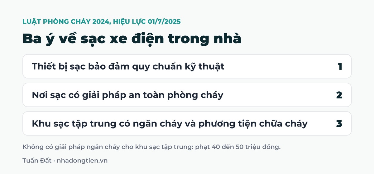 Bảng tóm tắt ba ý về sạc xe điện trong nhà: Thiết bị sạc bảo đảm quy chuẩn kỹ thuật; Nơi sạc có giải pháp an toàn phòng cháy; Khu sạc tập trung có ngăn cháy và phương tiện chữa cháy