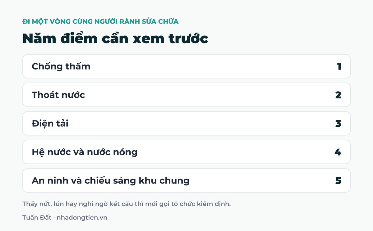 Bảng tóm tắt năm điểm cần xem trước: Chống thấm; Thoát nước; Điện tải; Hệ nước và nước nóng; An ninh và chiếu sáng khu chung