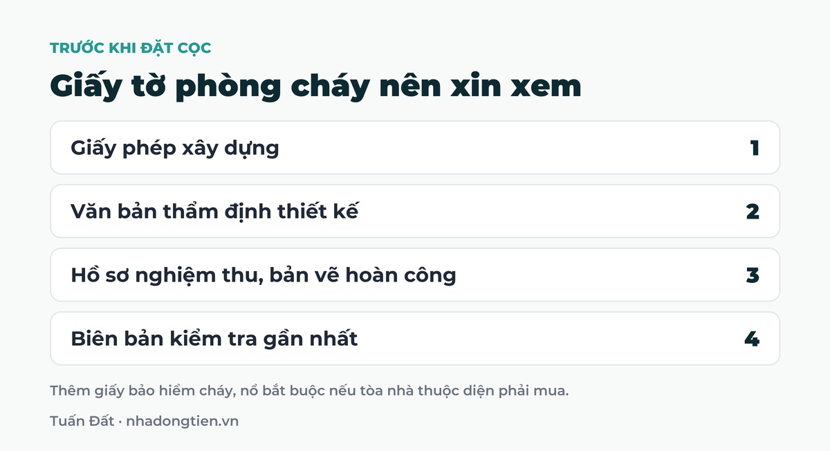 Bảng tóm tắt giấy tờ phòng cháy nên xin xem: Giấy phép xây dựng; Văn bản thẩm định thiết kế; Hồ sơ nghiệm thu, bản vẽ hoàn công; Biên bản kiểm tra gần nhất