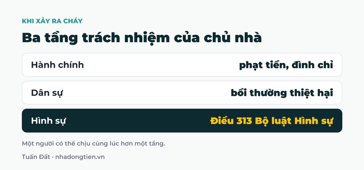Bảng tóm tắt ba tầng trách nhiệm của chủ nhà: Hành chính phạt tiền, đình chỉ; Dân sự bồi thường thiệt hại; Hình sự Điều 313 Bộ luật Hình sự