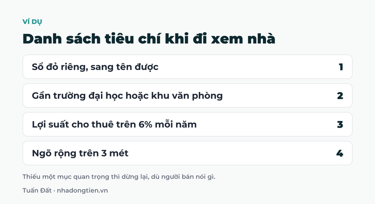 Bảng tóm tắt danh sách tiêu chí khi đi xem nhà: Sổ đỏ riêng, sang tên được; Gần trường đại học hoặc khu văn phòng; Lợi suất cho thuê trên 6% mỗi năm; Ngõ rộng trên 3 mét
